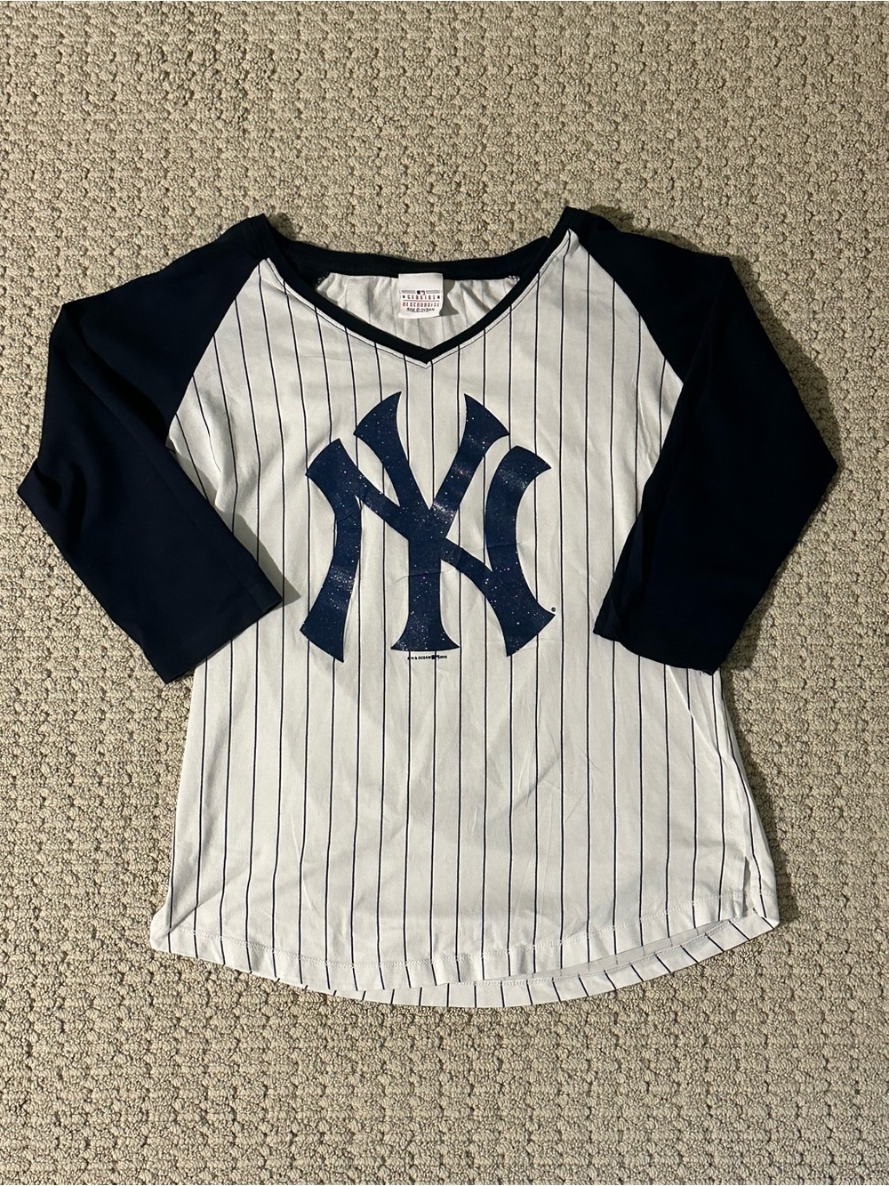 NY Mew York Yankees Glitter Logo Navy & White Pinstripe Raglan Short Sleeve Tee